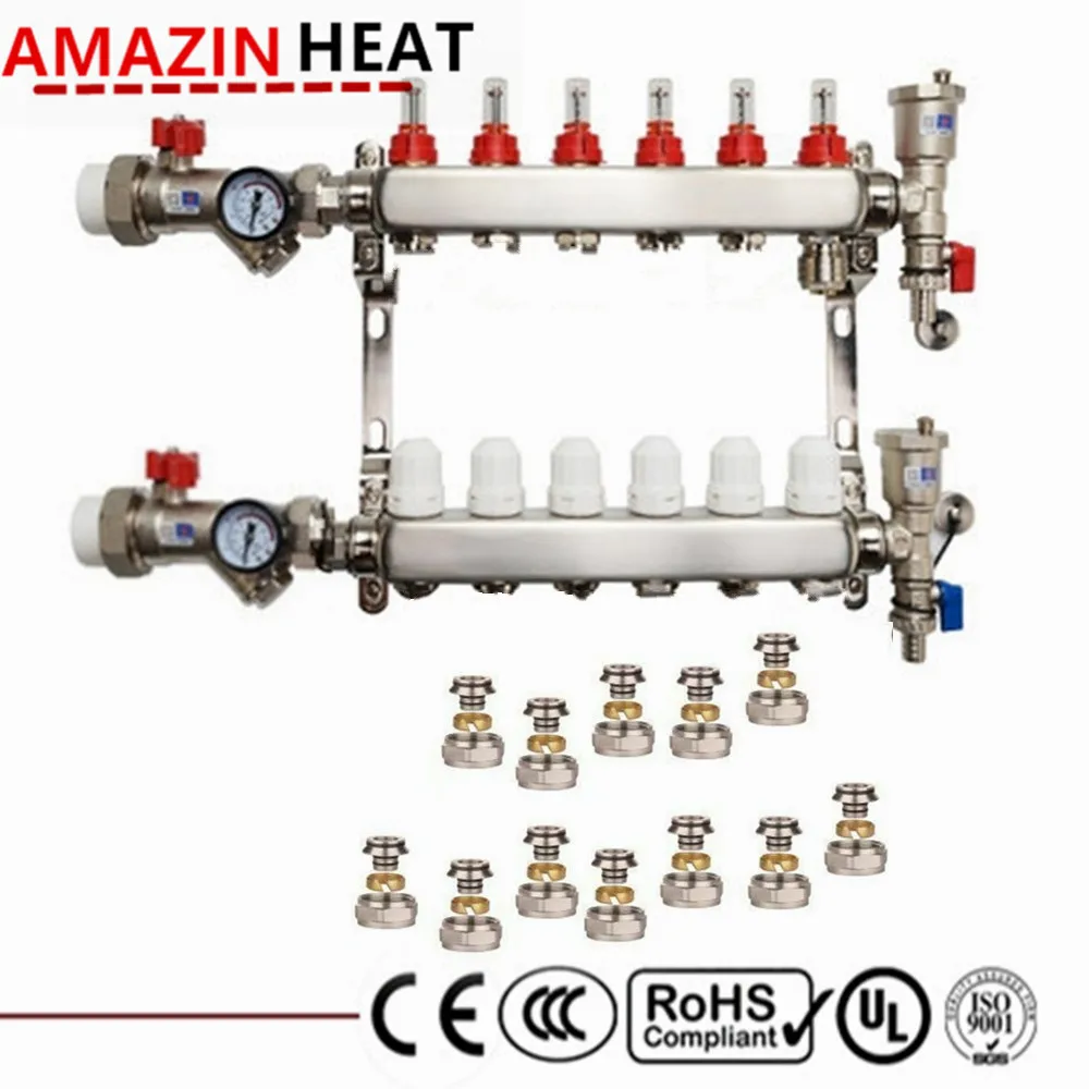 WATER UNDERFLOOR HEATING KIT MANIFOLDS 1in 2 TO 8 PORTS PUMP PACK with Valve Vents Gauges and Mounting Brackets Stainless Steel