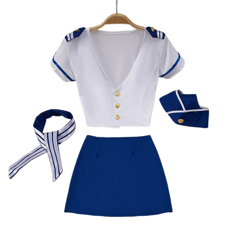 Women's Sexy Flight Attendant Uniform Set V-Neck Crop Top Blue Mini Skirt with Hat Scarf Role Play Cosplay Costume