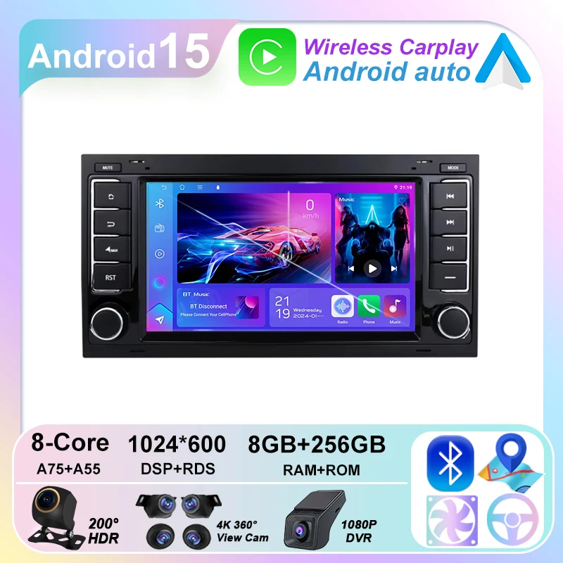 Radio multimedia Bluetooth para coche reproductor con Android 15 2 DIN Carplay para Touareg T5 Transporter Volkswagen VW 2002-2010
