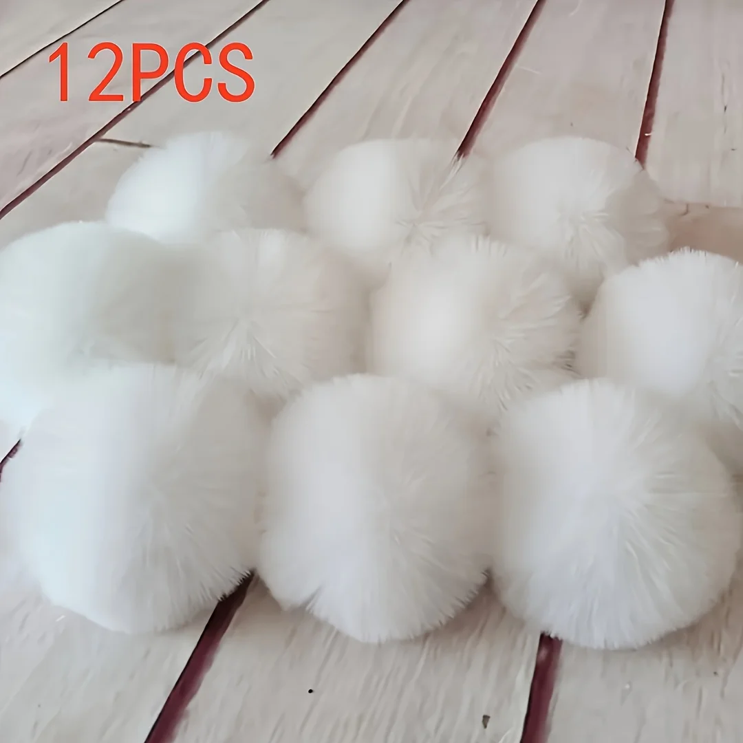 12 Stück extra große weiße Kunstfell-Pompons mit elastischer Schlaufe – 2,36 Zoll flauschige Bommelbälle zum Basteln, Nähen, Stricken, Hüte