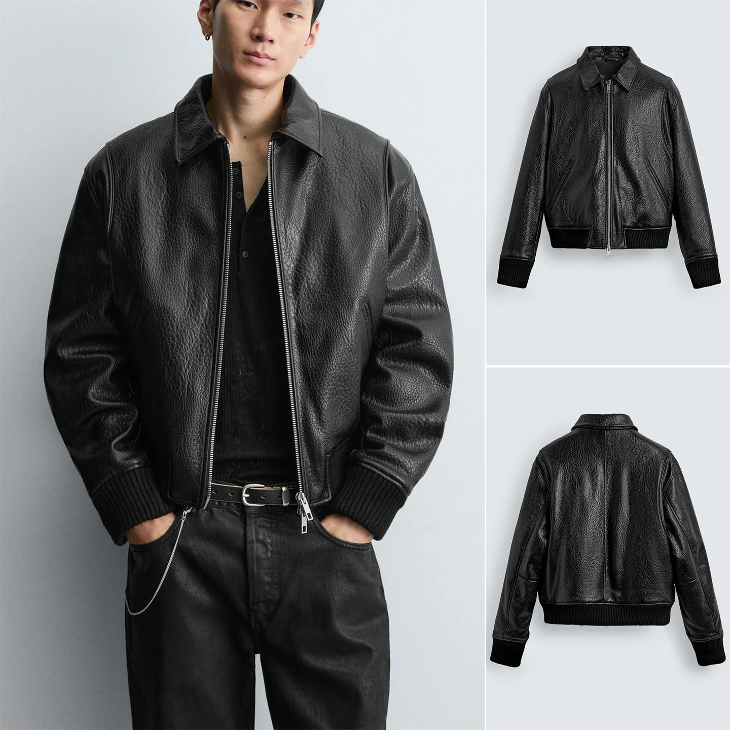 

Winter New Men's Long Sve Zipper PU Leather Simulation Jaet Loose Fit Collar Cotton Coat Warmth Youth Polyester Fiber
