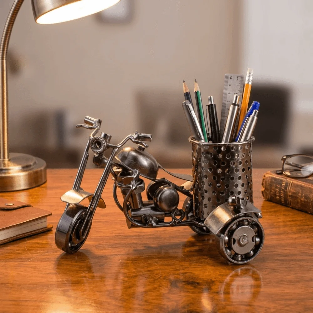 

Solid Iron Material Motorcycle Shaped Pen Holder Handcrafted Detailed Outlines Distressed Vintage Finish Vintage Desk Organizer