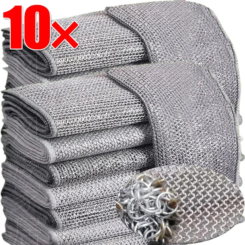 10/1pcs Double-sided Mesh Steel Wire Dishcloth Non-stick Oil Washing Pan Pot Rag Kitchen Dishes Coffee Stain Grid Cleaning Cloth