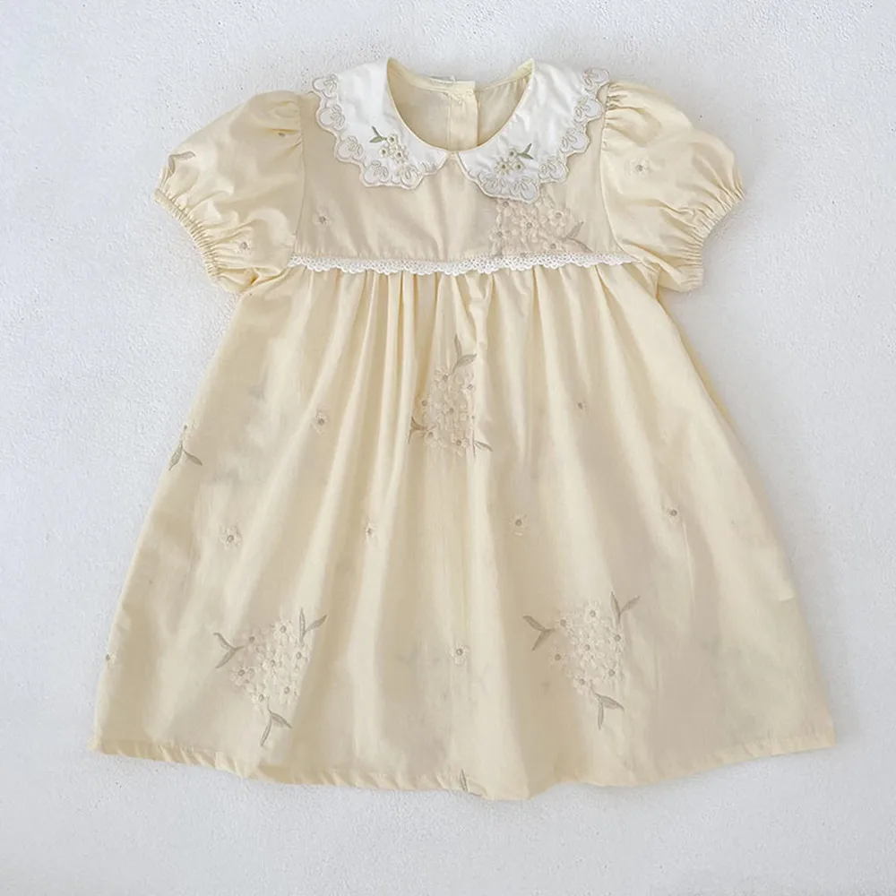 

kids clothes girls dresses Vintage flower embroidery tender yellow sweet girl's dress Summer Girl Princess Dress
