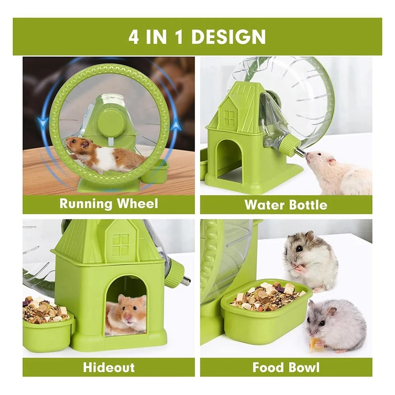 4 In 1 Quiet Hamster Exercise Wheel, Multi Functional Hamster House With Running Wheel, Water Bottle, Food Bowl