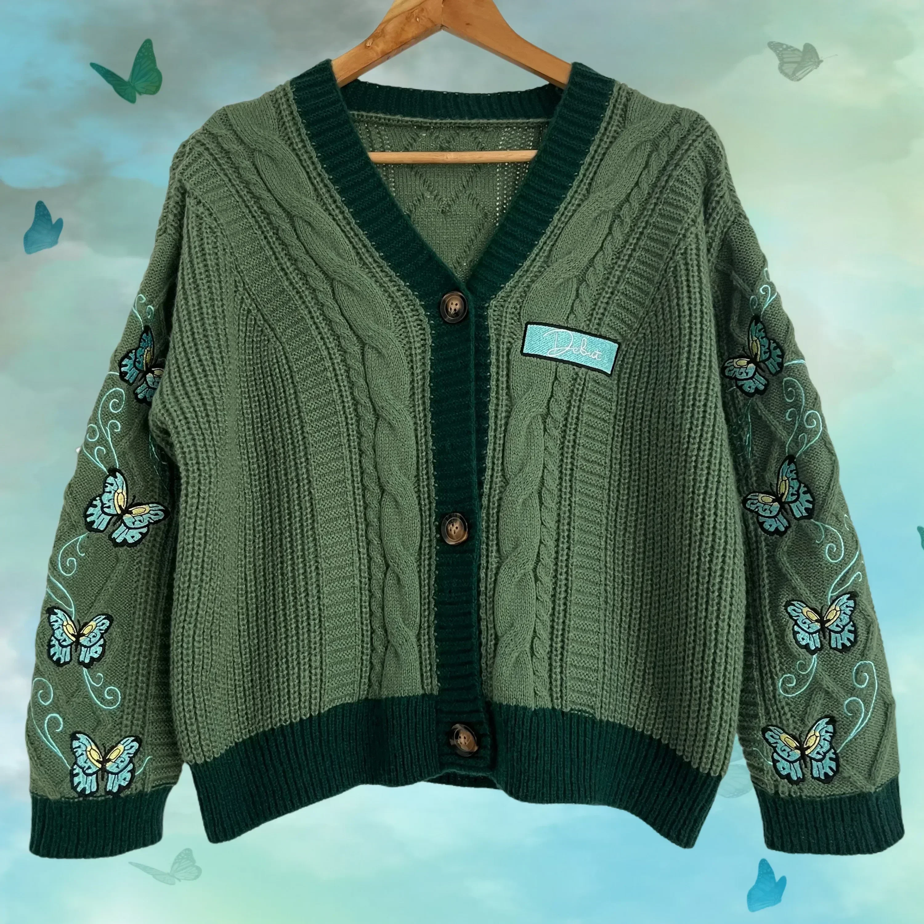 

Winter Y2k Dark Green Knitted Cardigan Women 2025 Spring Medium Strecth Butterfly Embroidery Oversized Sweaters Tops Female