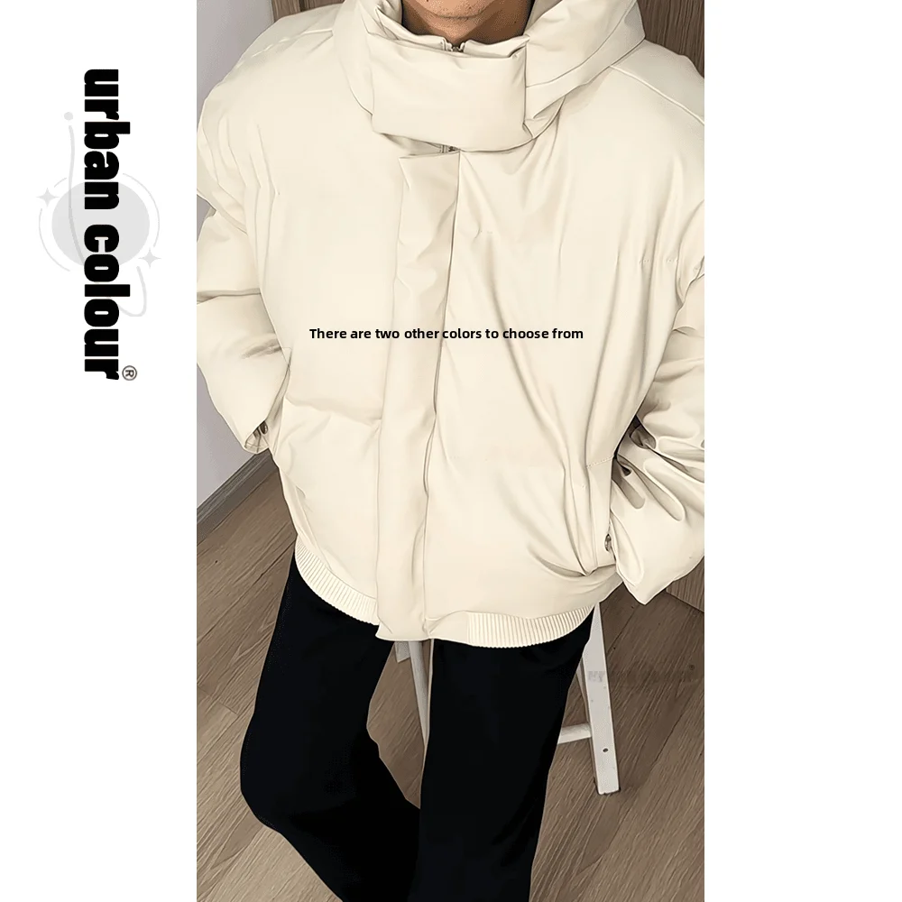 Retro American PU Leather Thiened Winter Coat for Men Windproof Cotton Bread Sle Jaet Loose Fit Hooded Outerwear