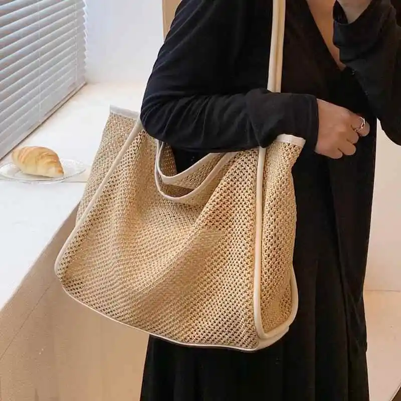 Fashionable Straw Woven Shoulder Bag for Women Summer Travel Versatile Beach Bag Soft Handbag Korean Style Synthetics Interior