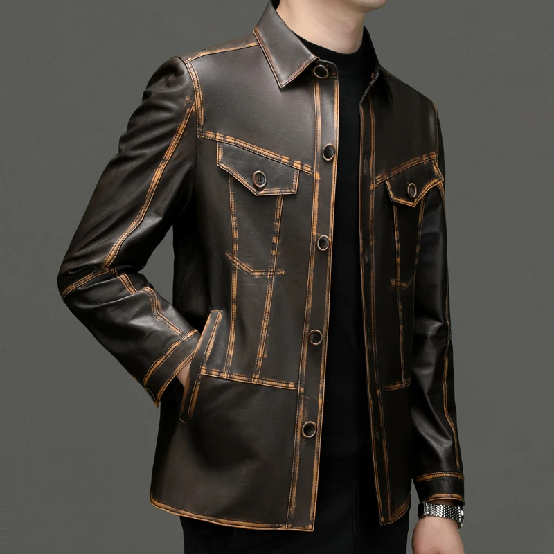 Autumn and Winter New High-end Fashion Men\'s Business Leisure Haining Leather Boutique Leather Coat Lapel Jacket Sheepskin Coat