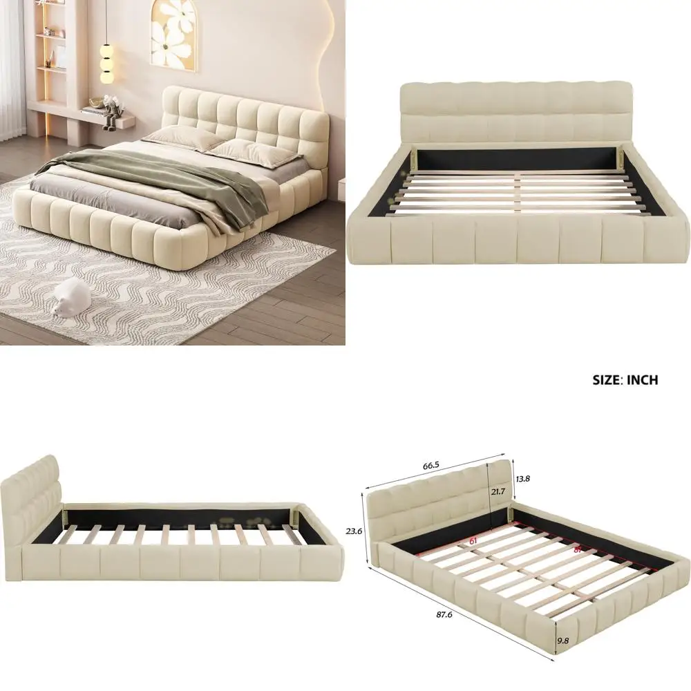 

Queen Size Upholstered Platform Bed with Thick Fabric and Unique Design for Kids and Adults Bedroom Furniture - Beige
