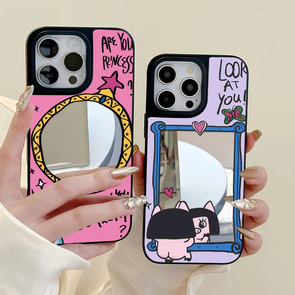 

Cute Cartoon Animals Phone Case For iPhone 15 Case iPhone 16 11 13 12 17 14 Pro Max Shockproof Black Edge Make up Mirror Cover