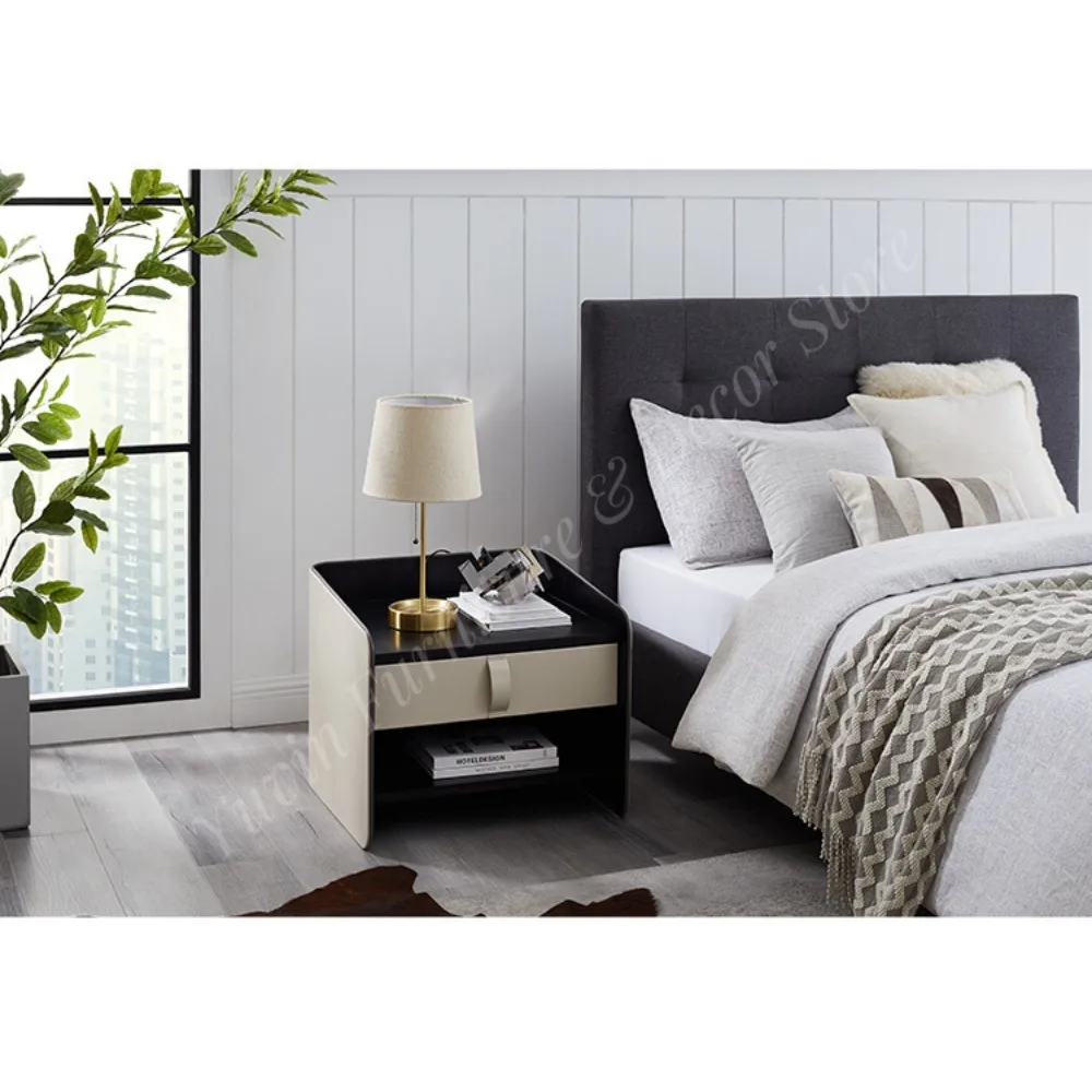 Minimalist Two-Tone Nightstand with Drawer and Shelf for Bedroom Living Room Home Office Hotel Apartment Bedside Table