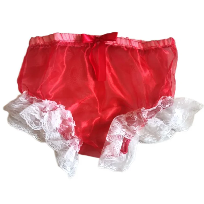 

French Sexy Adult Customized Fetishist Crossdressing Sissy Red Organza Patch White Lace Elastic Waist Shorts