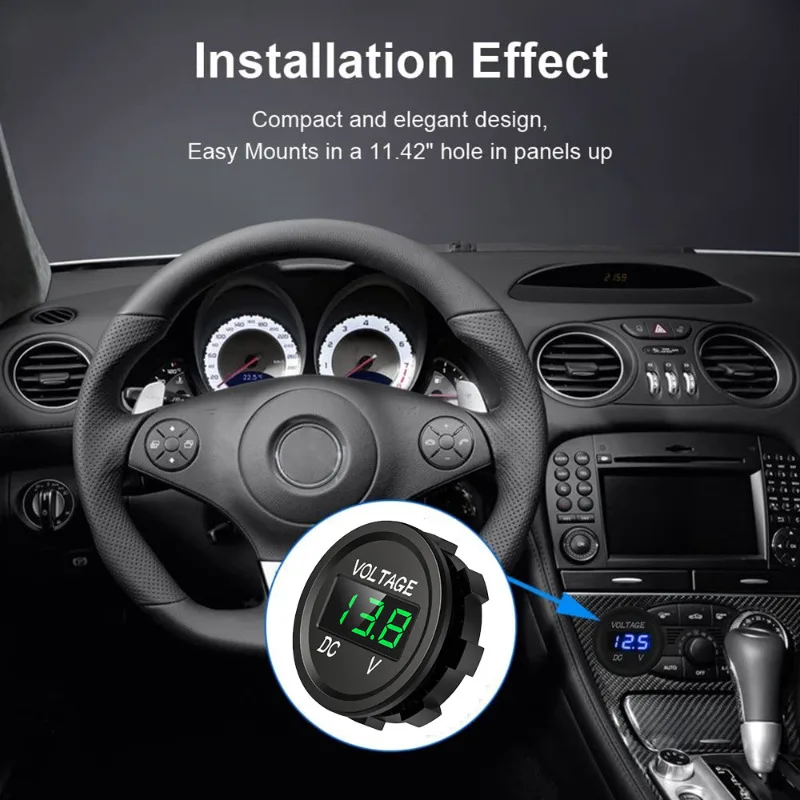 Voltímetro Digital con pantalla LED para coche, Mini probador redondo de voltaje de batería, medidor de calibre para motocicleta, barco, camión