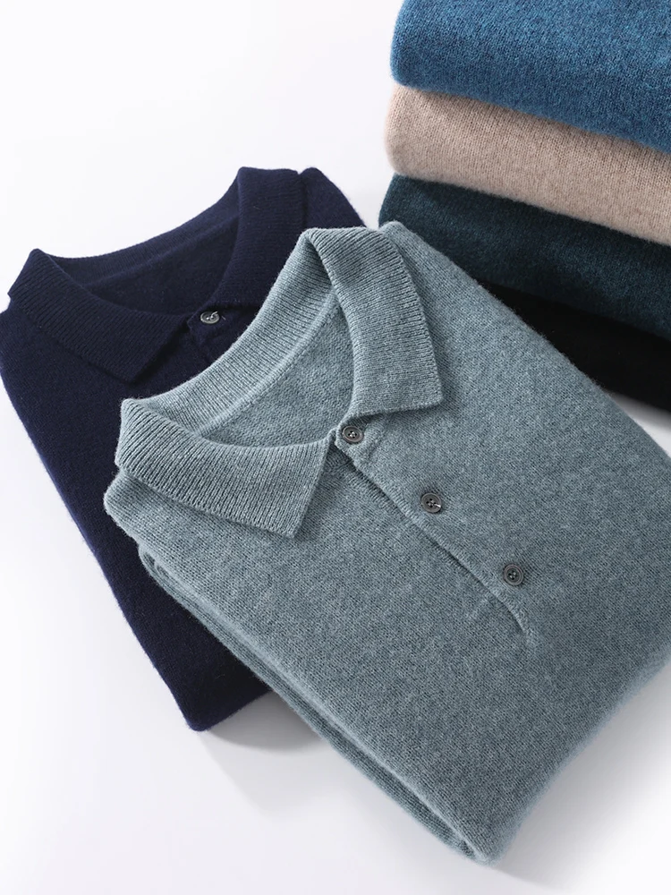 New Autumn Winter Men's Cashmere Sweater 100% Merino Wool Shirt Collar Button Pullover Large Size Knitwear Soft Casual Clothing