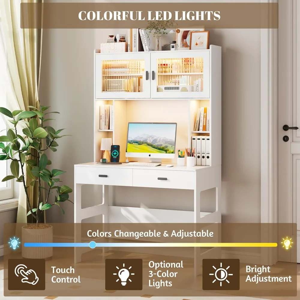 مكتب مكتب منزلي خشبي حديث 40 مزود بخزانة وأرفف تخزين مضاءة LED وأدراج لمكاتب الكمبيوتر #4