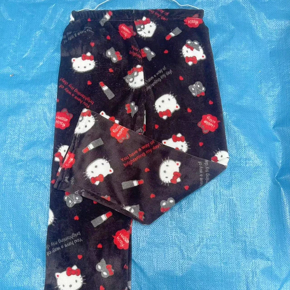 Pantalones de pijama Sanrioed Hello Kitty, pantalones Kawaii de Anime para mujer, Otoño Invierno Kt Plus, pantalones de terciopelo para mantener el calor, moda de ocio para el hogar