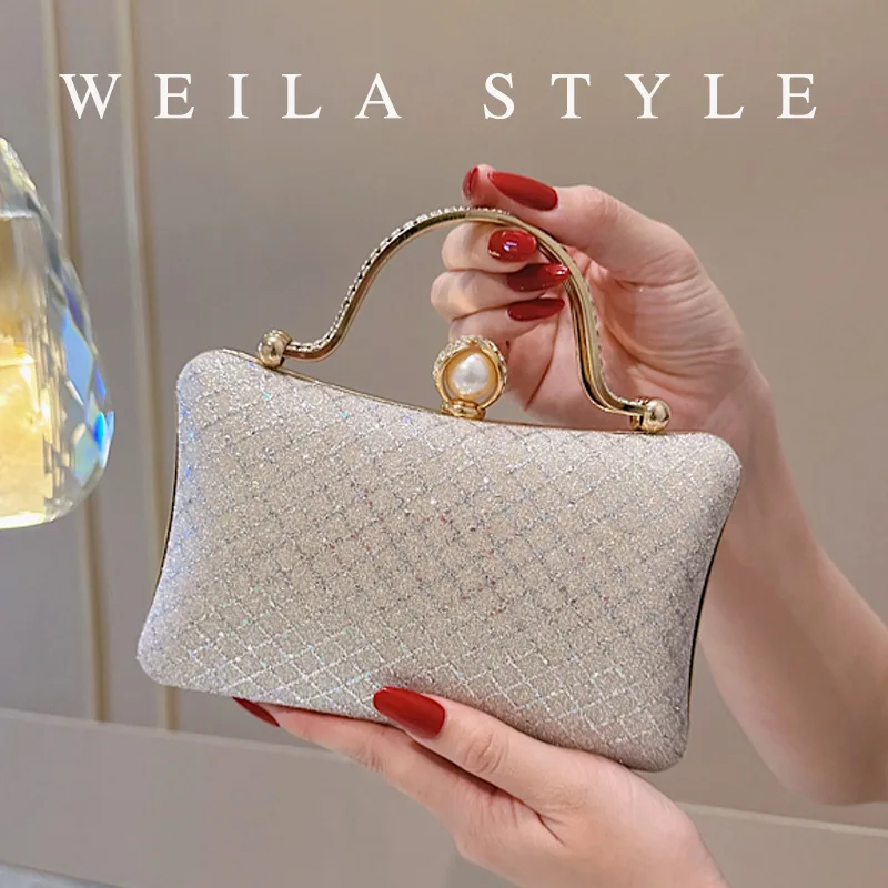 New Glitter dinner handbag bridal small square bag shape pearl metal buckle wedding banquet party