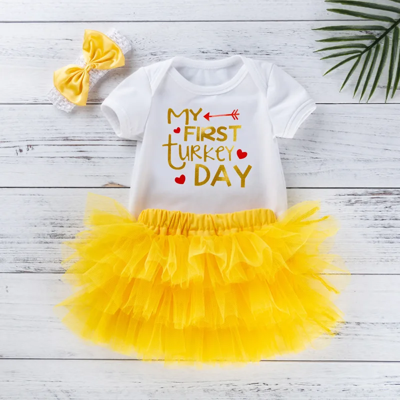 

New Thanksgiving Children's Outfit for Girls Baby Cartoon Letter Romper Yellow Six-Layer Skirt Set