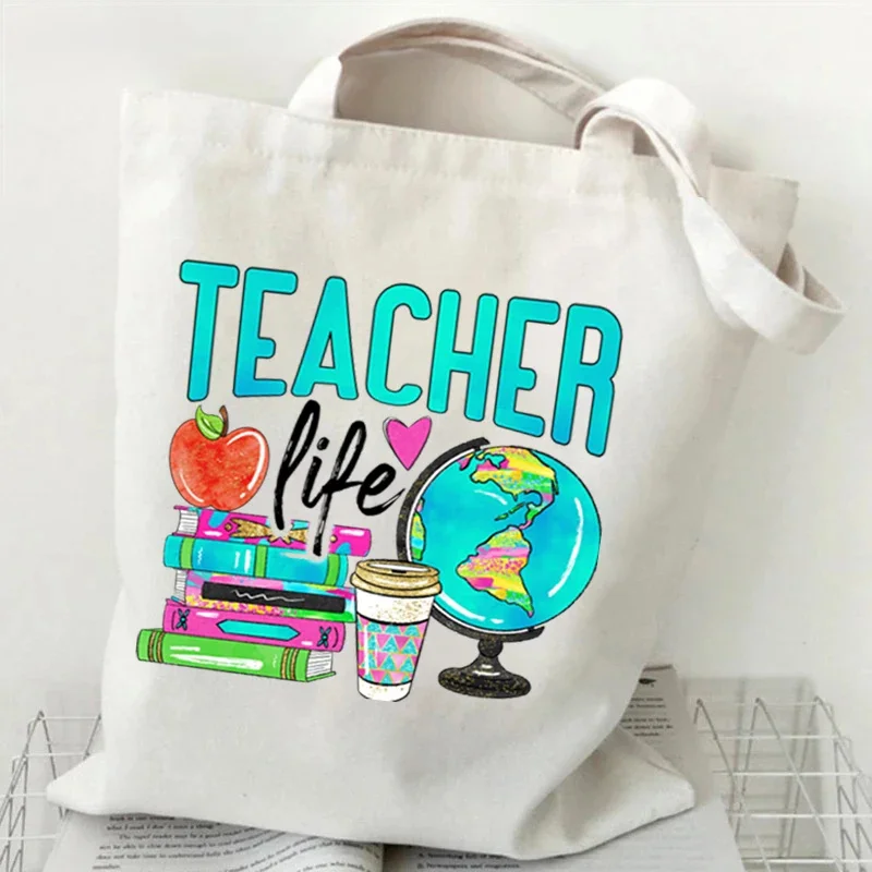 

Teacher Life Canvas Tote Bag Women Cartoon Globe Shoulder Bags It Is A Beautiful Day To Learn Print Shopping Bag Teen Handbags