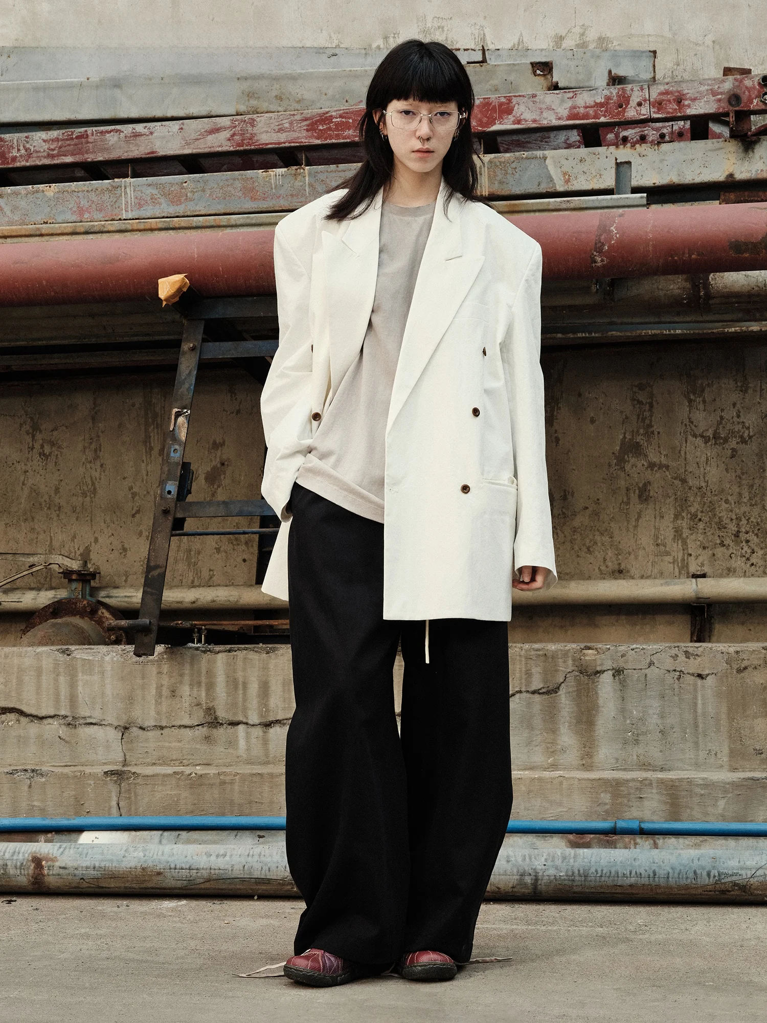 

Worm "A " Men's Wide Shoulder Washed Cotton Pad Shoulder Suit Jacket Women's Original Design Double Breasted Long Sl...