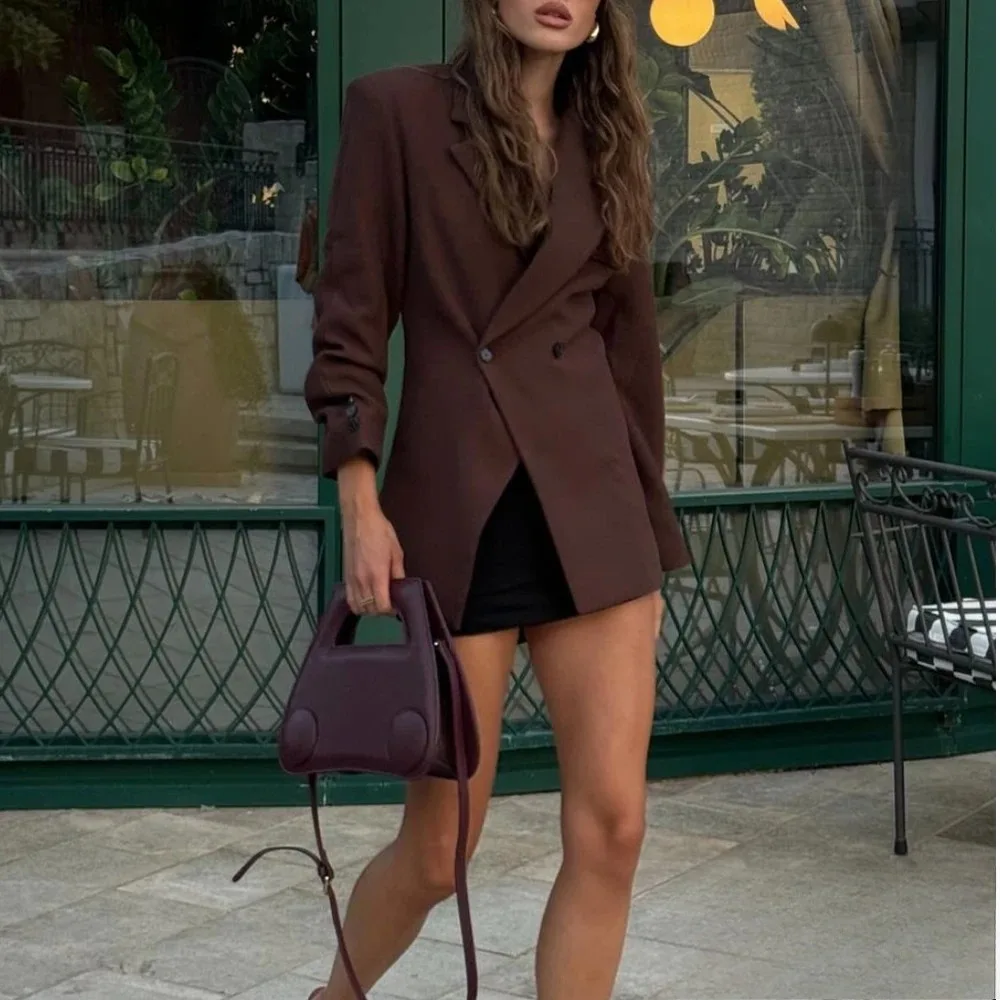 

KONDALA Office Lady Brown Slim Blazer Women V Nwck Long Sleeve Blazers Fashion 2025 Autumn Winter Street Blazers Pockets Outwear