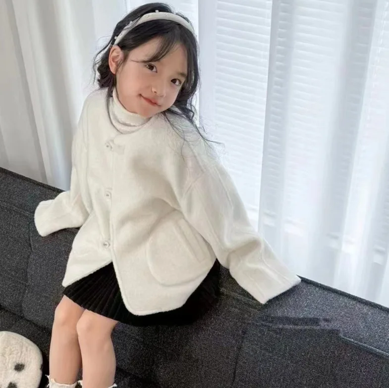 Girls White Wool Coat Children 2024 New Autumn Collection Fashion Simple Casual Coat Korean Simple Style Top Coat Clothes