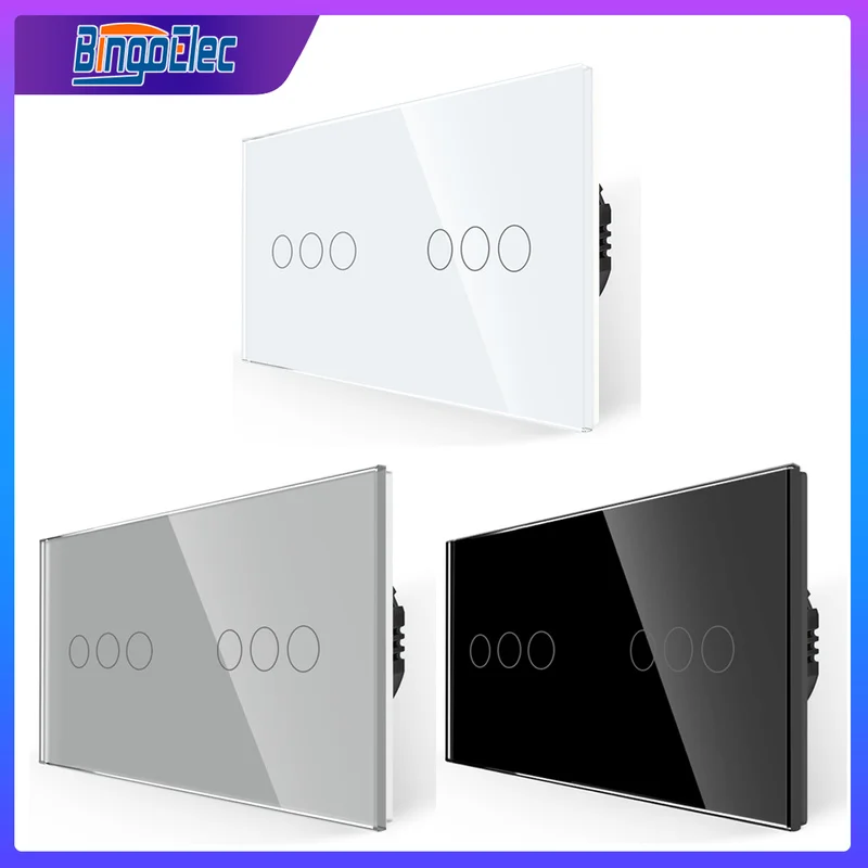 BINGOELEC 6 Gang 1way Touch Switch Double Light Switches Wall Switch White Black Golden Crystal Class Panel 157mm