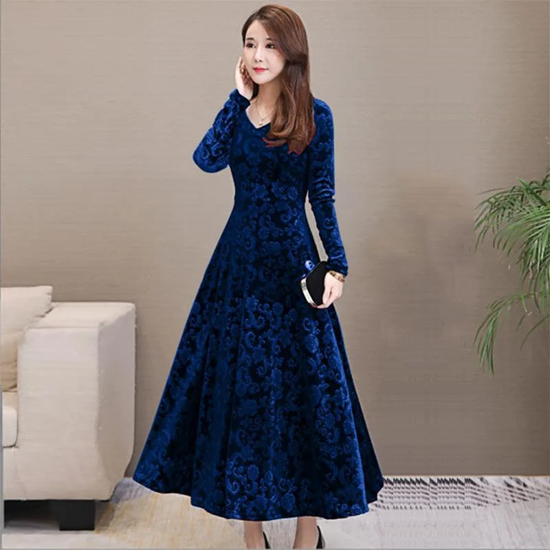 女性のグリーンベルベットマキシドレス長袖 V ネック花柄エン - Women'S Green Formal Wear のレビューと価格