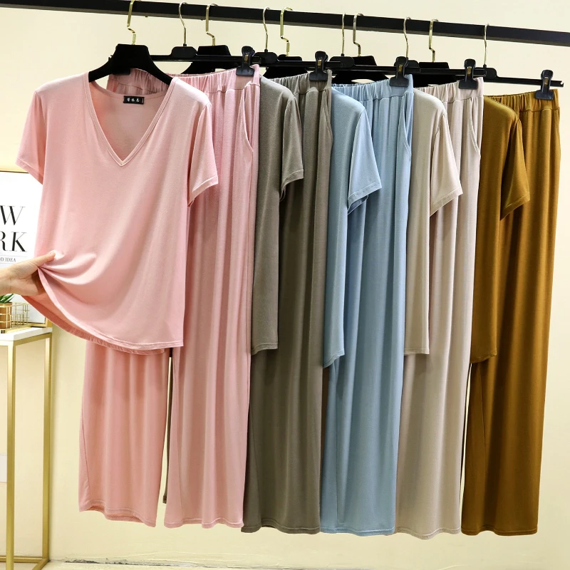 

Женские широкие брюки с высокой талией Kint, одежда для сна, повседневный комплект из модала, домашняя одежда, уличная одежда с v-образным вырезом и короткими рукавами с поясом, пижамы