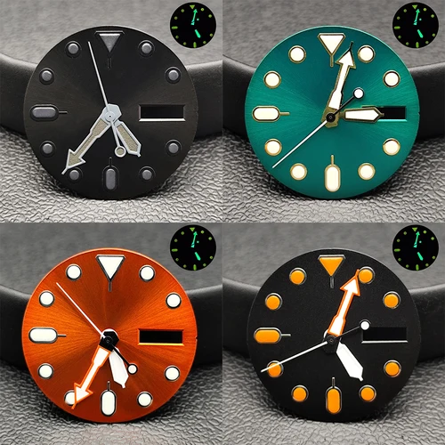Esfera de 28,5mm reloj con calendario Dual verde/negro esfera de 28,5mm manecillas luminosas verdes apto para accesorios de movimiento NH36