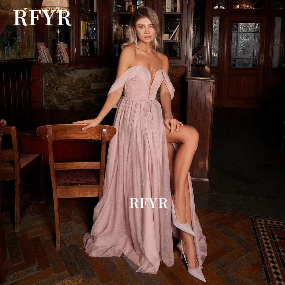 Rfyr vestido de baile com ombro de fora, linha, chiffon, pregas, princesa, fenda alta, vestido de festa formal para mulheres árabes, personalizado