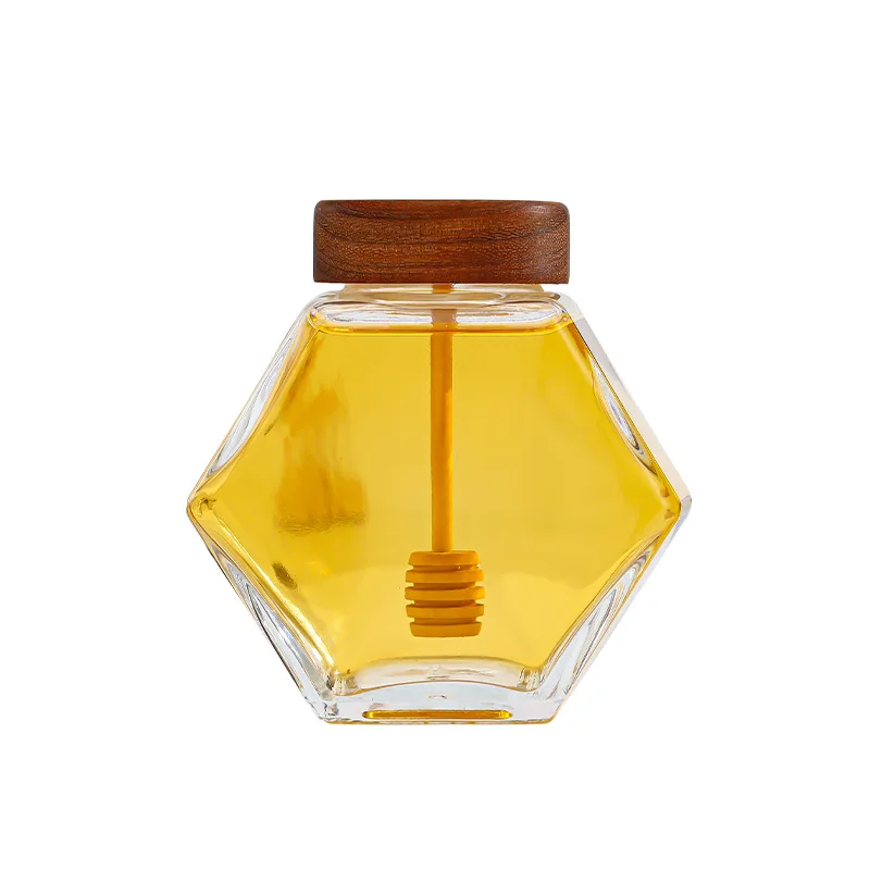 

Hexagonal Glass Honey Jars with Cover and Honey Dipper, High End, Wedding, Birthday Party, Return Gifts, Wholesale, 360ml