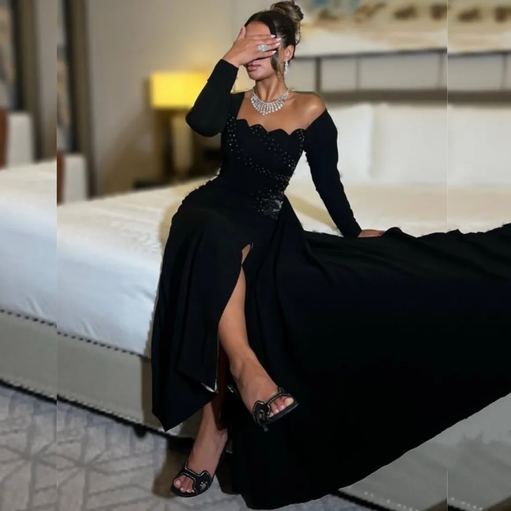 

Customized Classic Exquisite Jersey Sequined Pleat A-line Off-the-shoulder Long Dresses Bespoke Occasion Retro