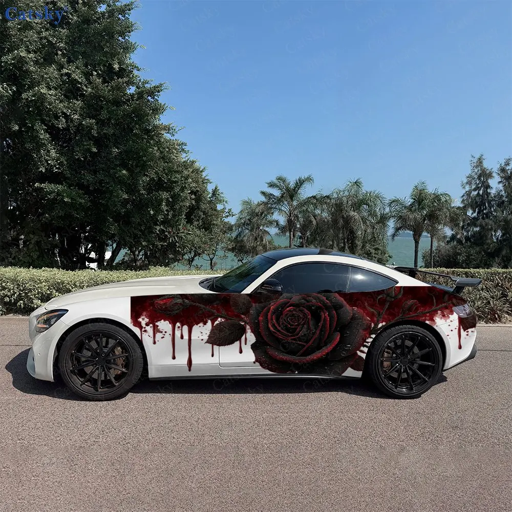 2pcs Splatter Blood Big Rose Car Side Wraps, Self-Adhesive PVC Waterproof & Scratch-Resistant Stickers, Car Accessory Gift