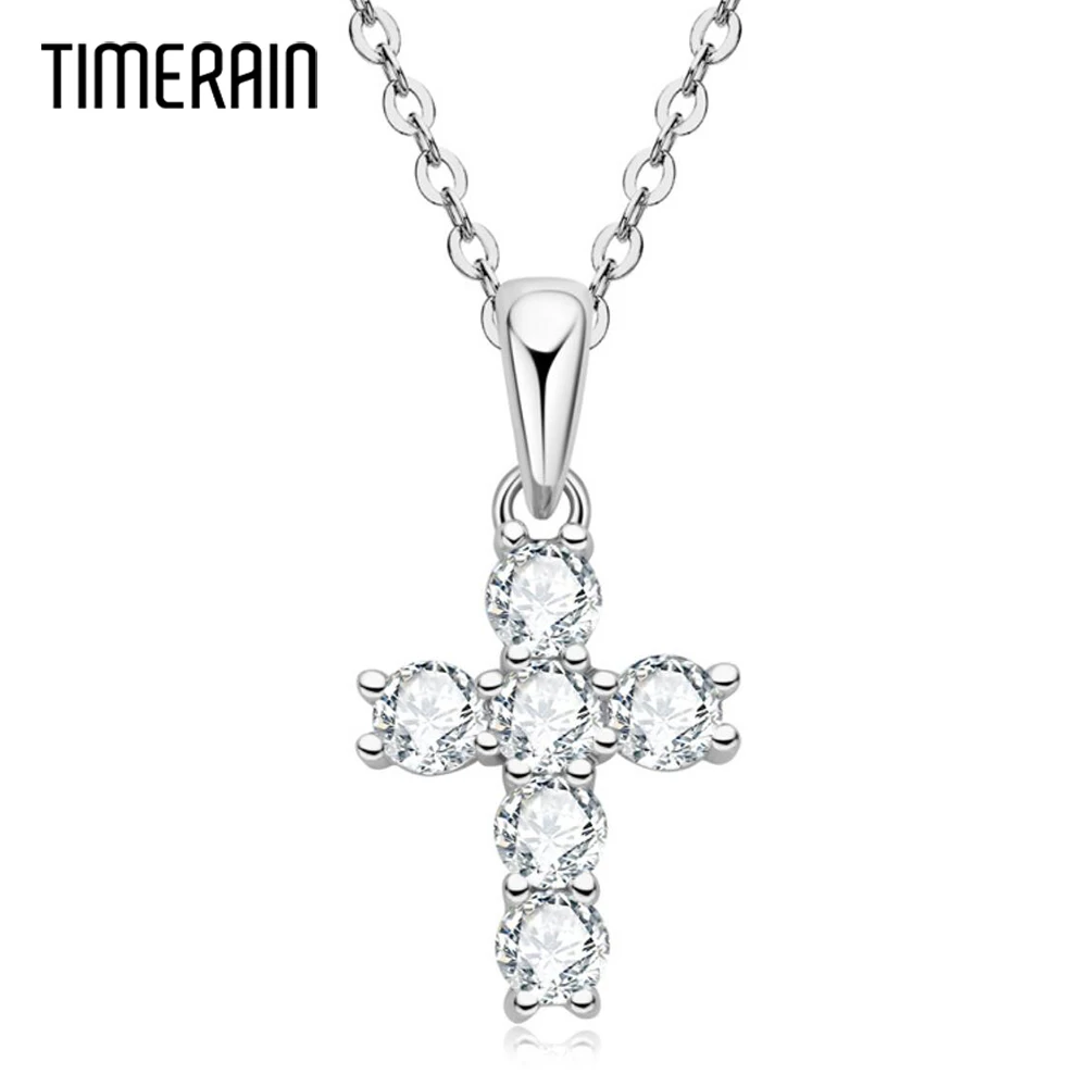 Timerain Crucifix Faith Cross 0.6 ct Moissanite Pendant Necklace For Women Men 925 Sterling Silver Unisex Jewelry With Gift Box