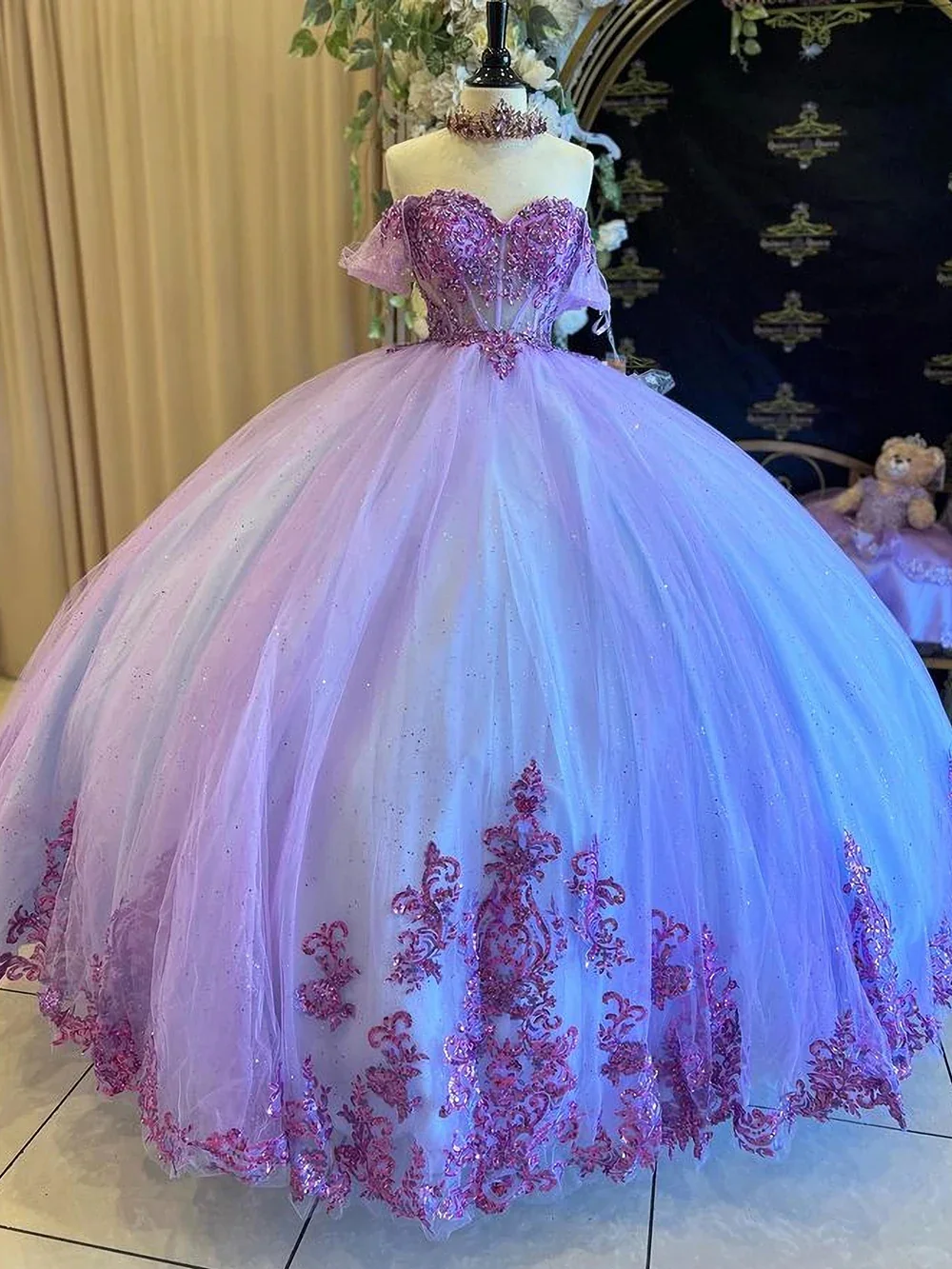 Angelsbridep Lilac Quinceanera Dresses Ball Gown Beading 3D Floral Appliques Off Shoulder Sequined Formal Birthday Customized