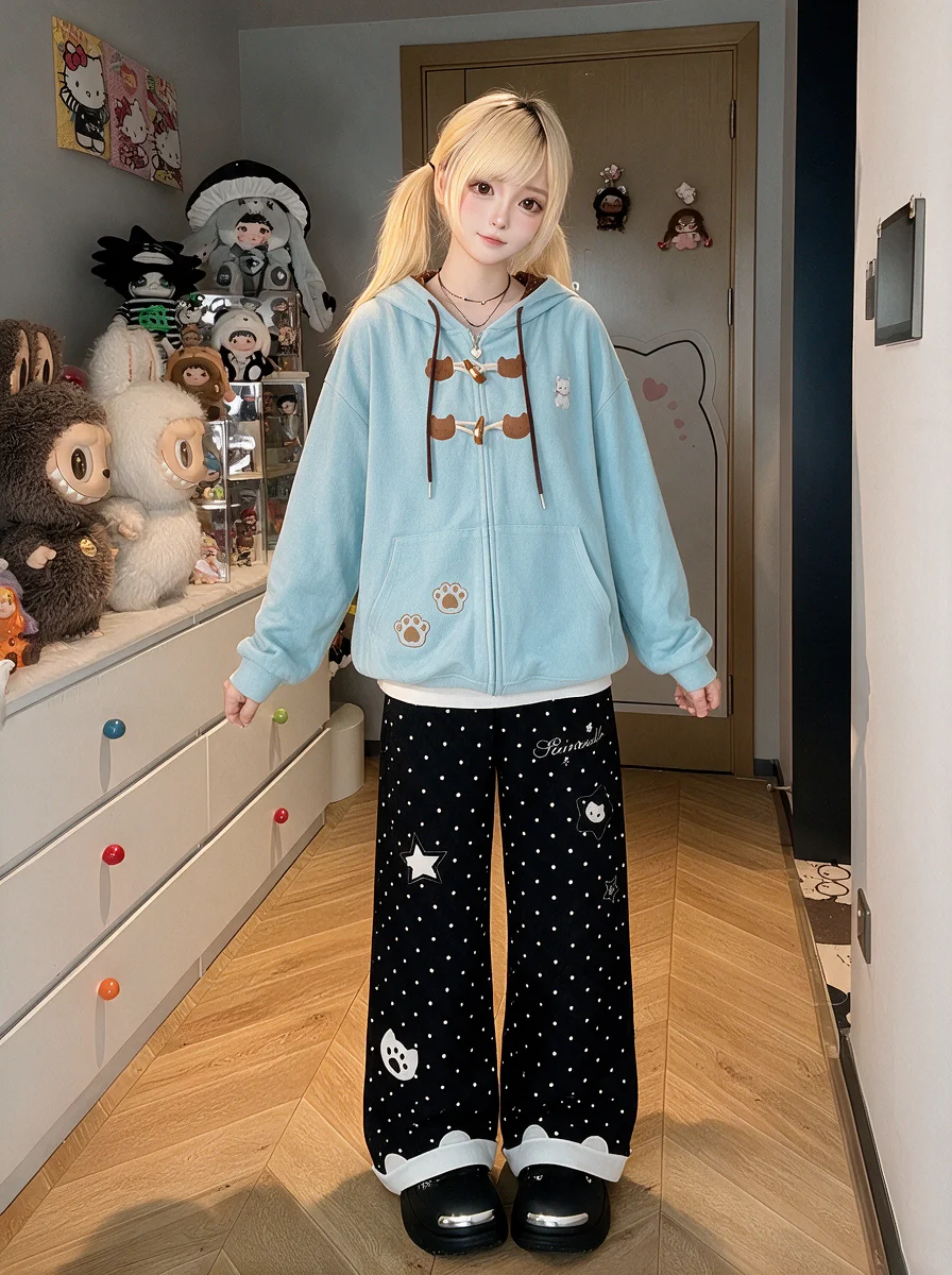 Cute Girl Anime Style Two-Piece Set Autumn Winter Long Sleeve Hoodie Pants Outfit Loose Fit Zipper Closure Casual Fashion