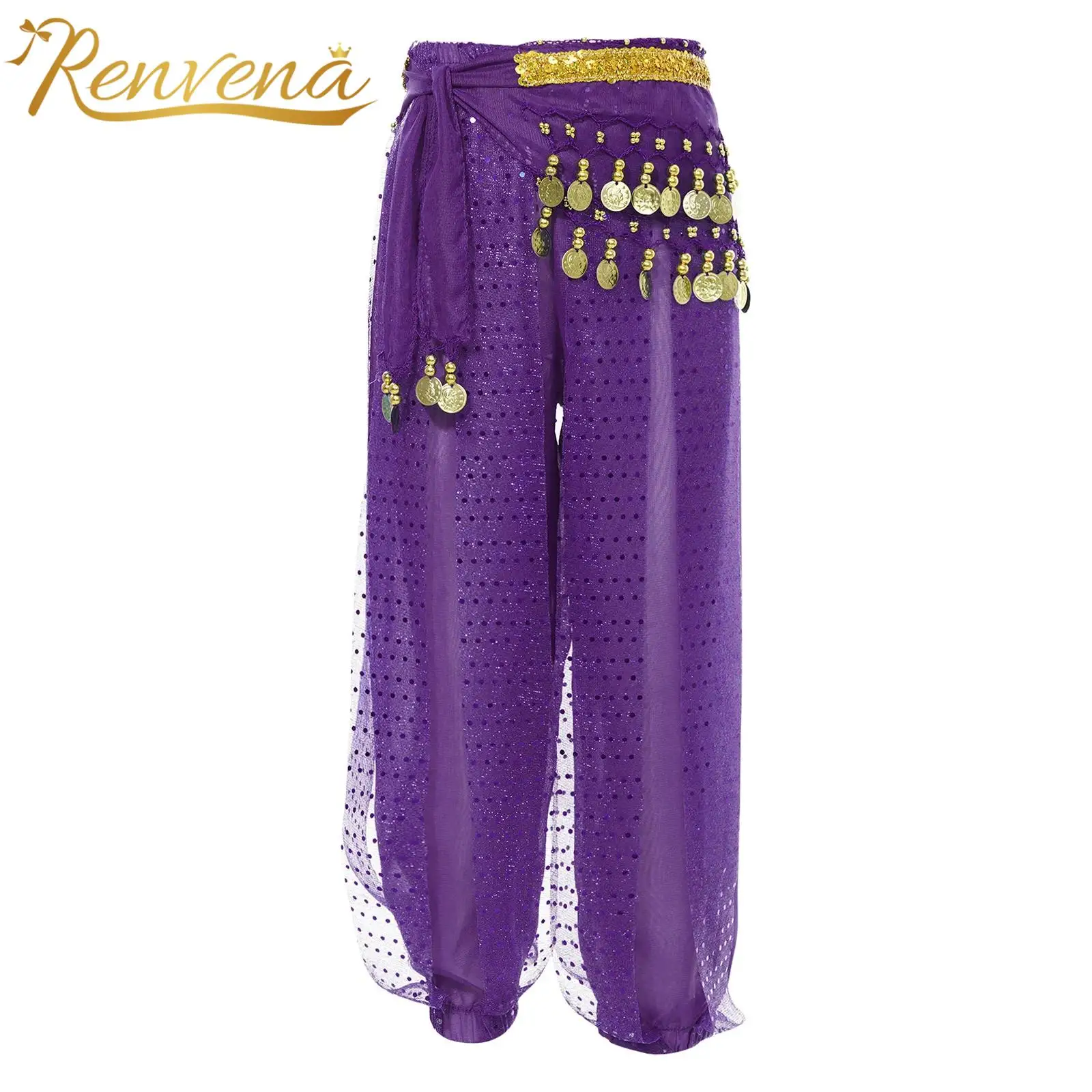 Kids Girls Belly Dance Costume Elastic Waistband Bloomers Tassels Chain Performance Pants Sequined Chiffon Trousers Dancewear