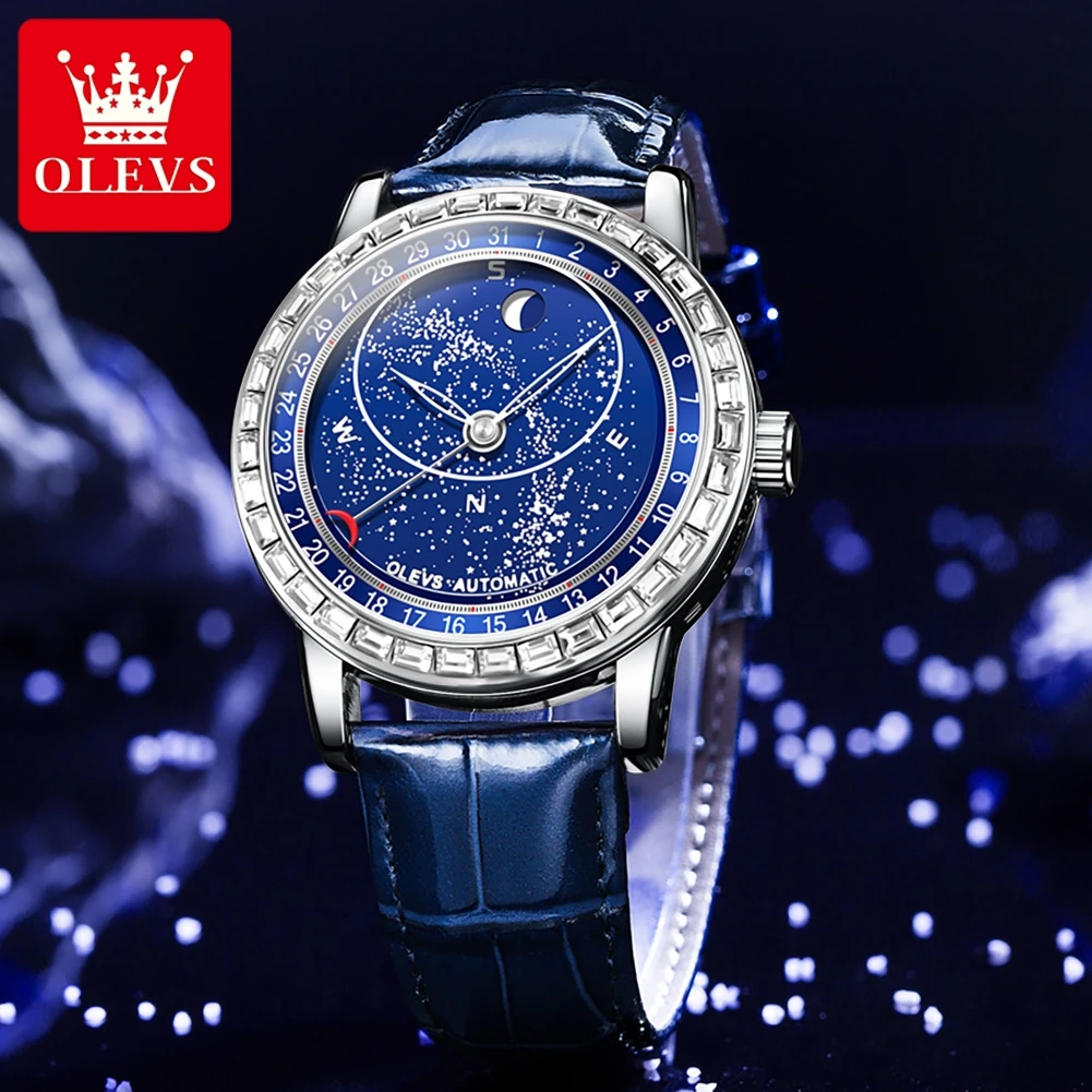 OLEVS Automatic Mechanical Watch for Men Fashion Leather Strap Starry Sky Rotation Lap Luminous Moon Phase Diamond Wristwatches