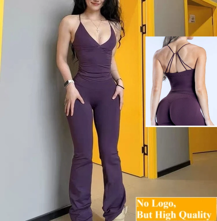 NO LOGO 2-teiliges Set mit ausgestellten Leggings für Damen, Sport-Top mit Twist-Front, weit geschnittene Yogahose, nahtloses Yoga-Set, Trainingsanzug
