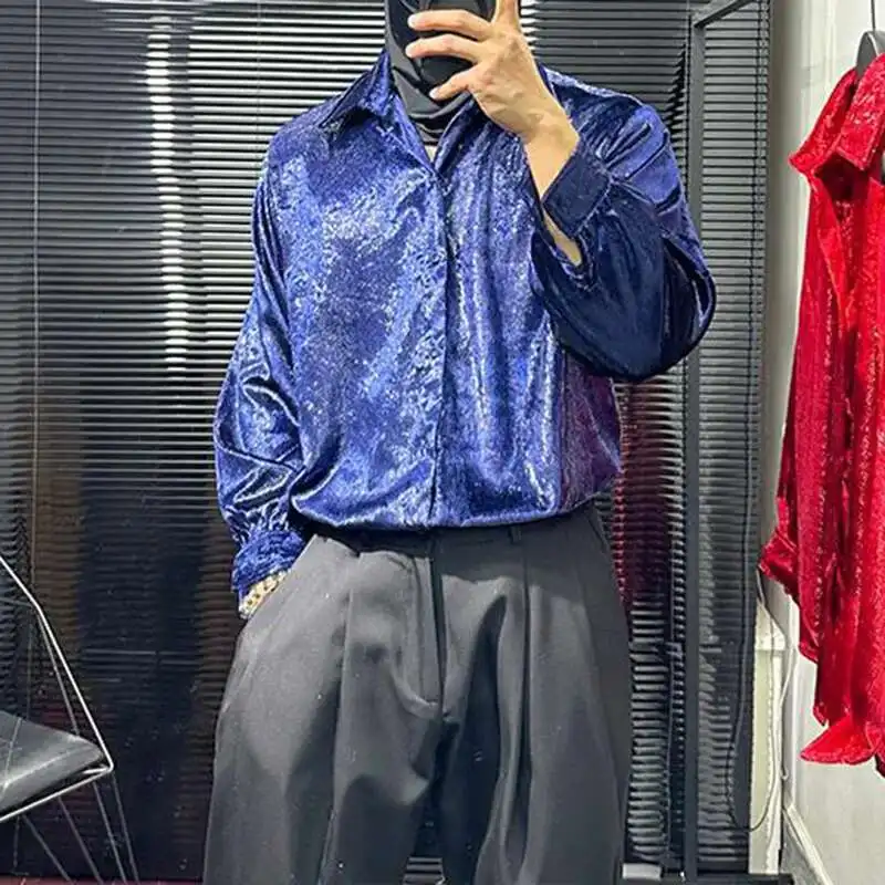 PFHQ قميص رجالي معدني عصري متخصص ترتر 2025 بياقة مقلوبة صدر واحد بلون واحد ملابس علوية للرجال 21E1731 #5