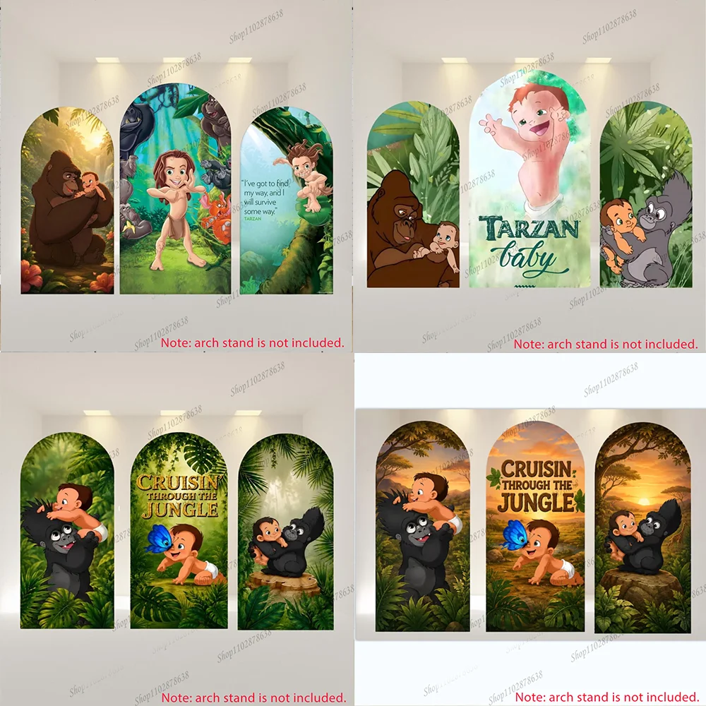 Baby Tarzan Arch Cover Custom Spandex Elastic Tarzan Kala Arch Backdrop Jungle Safari Animals Birthday Backdrop