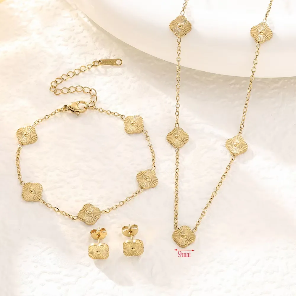 9mm أنيقة بسيطة 18K الذهب التيتانيوم الصلب لاكي البرسيم Earnail سوار قلادة مجموعة مجوهرات