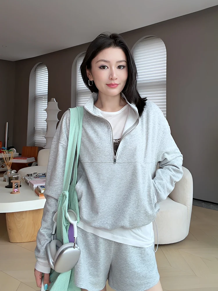 

Le Samedi Women's Sport Formula Long Sleeve Drawstring Hoodie Shorts Three Piece Set Breathable Cotton Casual Spring Outfit