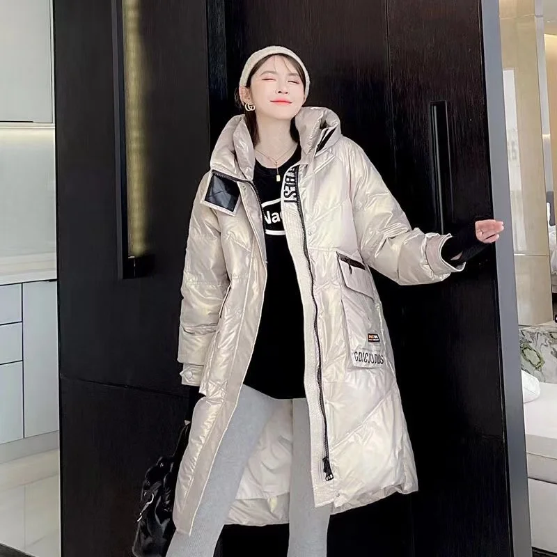 2023 Winter New Letter Glossy Down Jacket Thicken Hooded White Duck Down Coat Women\'s Coat Female Parka Long Overcoat Streetwear