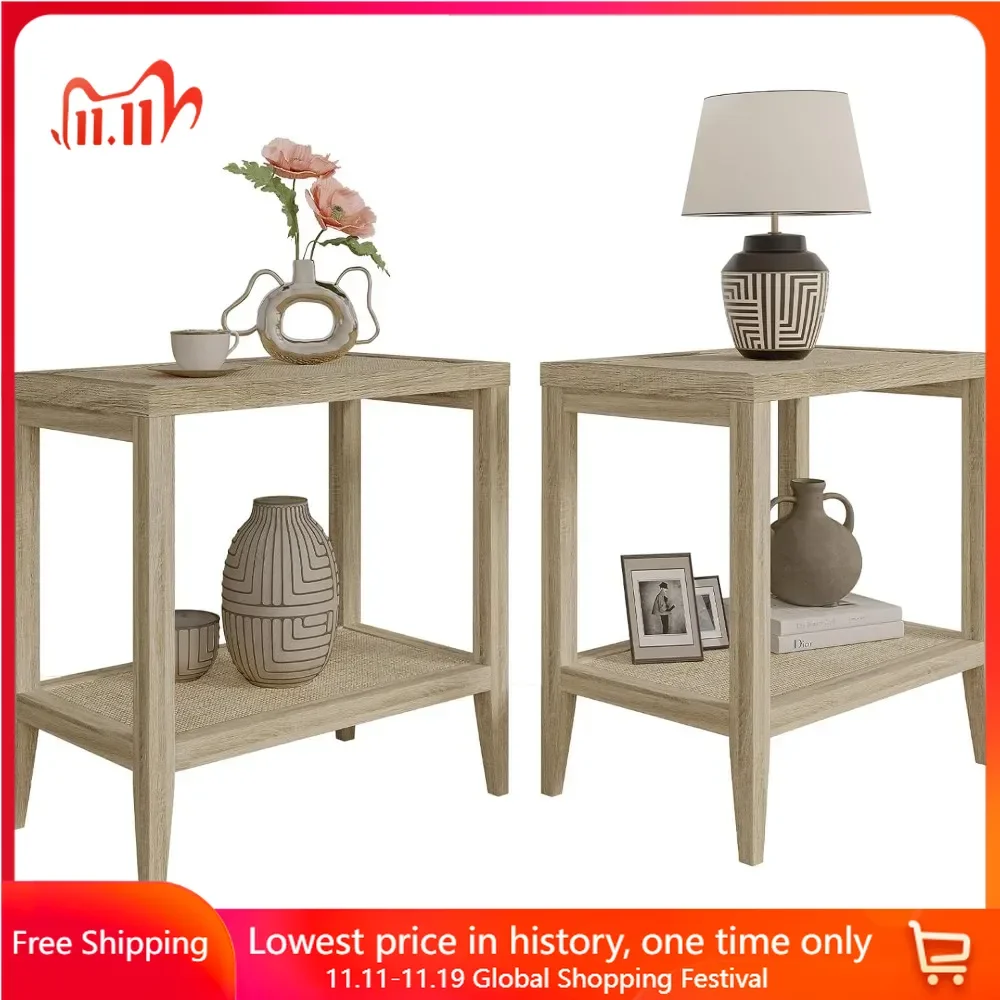 

Solid Wood End Table, Narrow End Table Living Room Set of 2 Side Table with Rattan Storage Shelves ,Storage End Tables