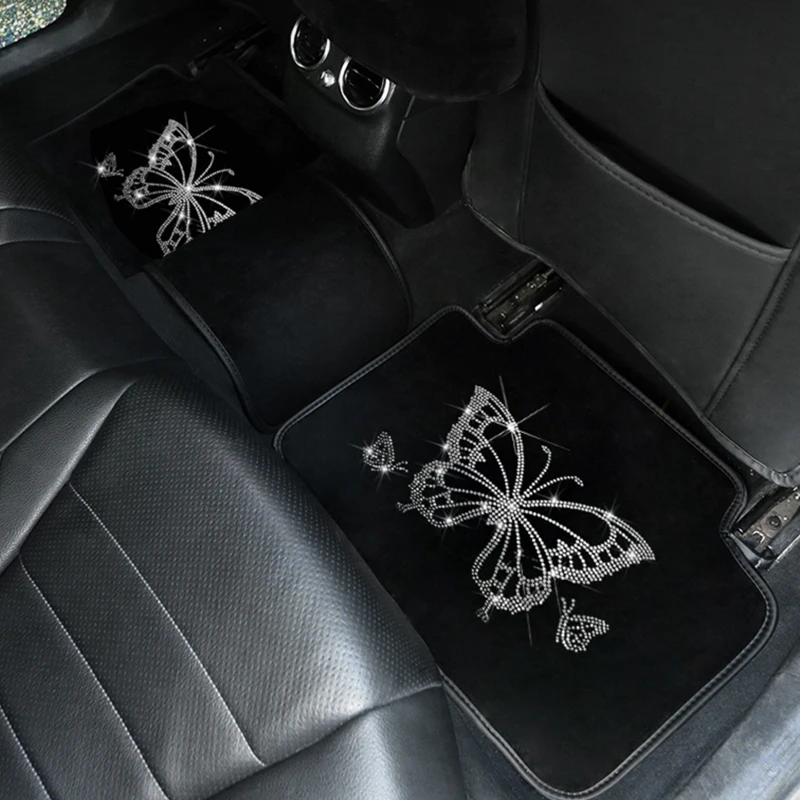 5pcs Car Velvet Foot Mat Inlaid Diamond Butterfly Waterproof Car Carpet Universal Easy To Clean Women's Car Foot Pad Interior