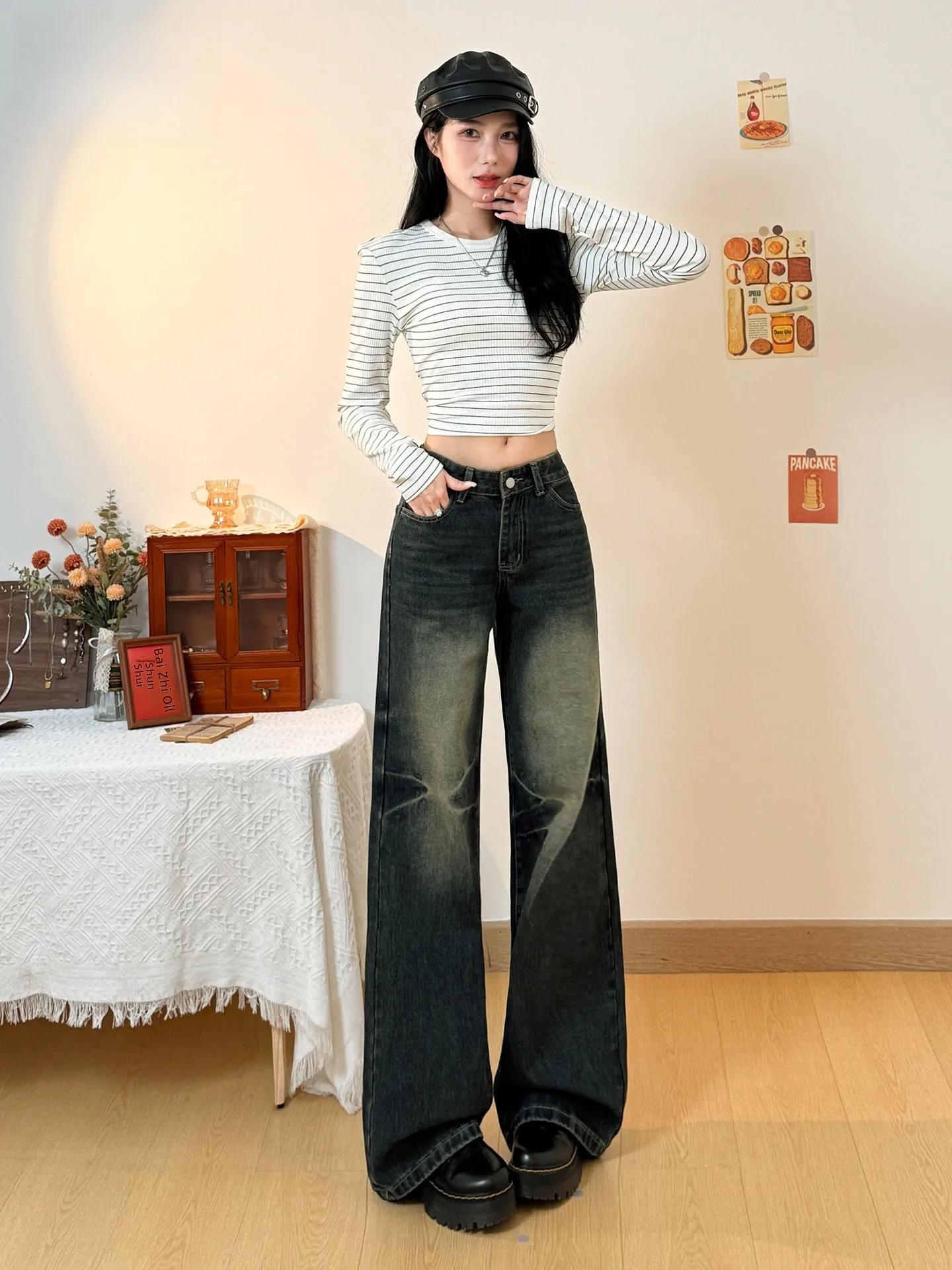 

Американские ретро-джинсы с широкими штанинами и эффектом потертости, женские, новые летние, свободные, драпирующиеся, в пол, с высокой талией, повседневные