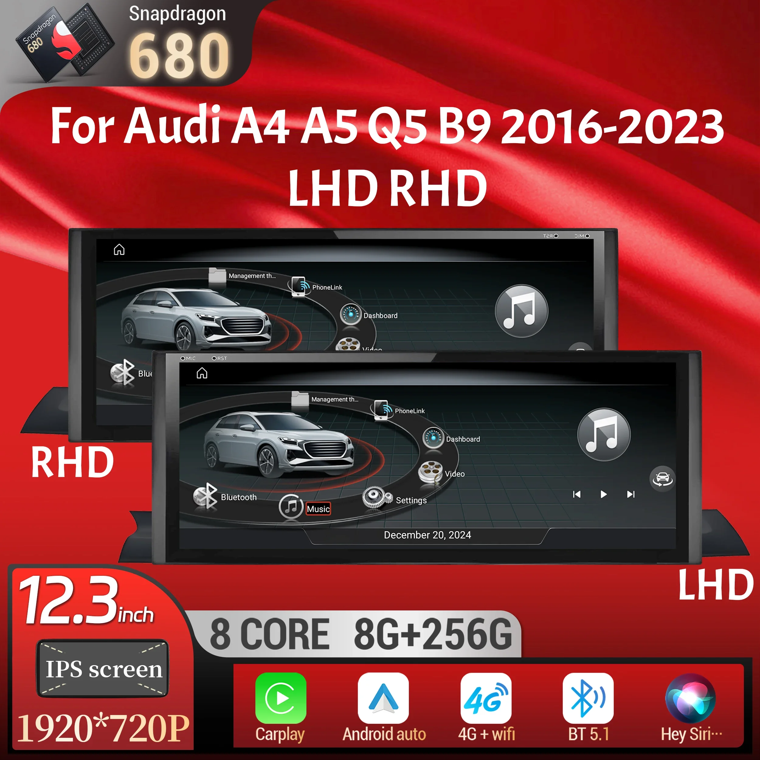 12.3 inch Android 14 Car Radio For Audi A4 A5 Q5 B9 2016-2023 Wireless BT Carplay Qualcomm Snapdragon 680 Head Unit Touch Screen